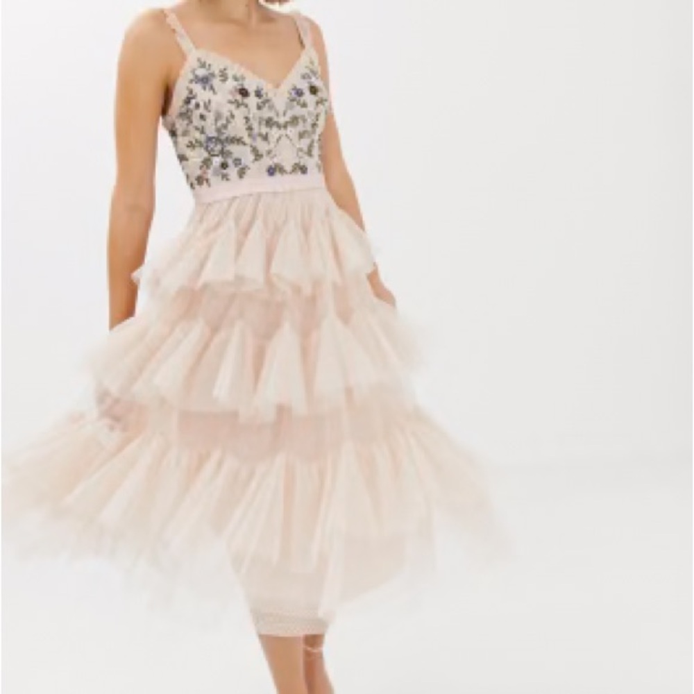 Needle & Thread embroidered tiered tulle midi dress Rose Quartz SZ 12 NWT